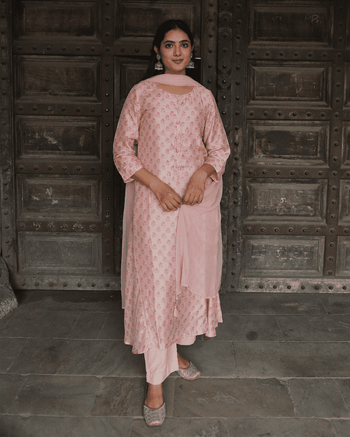 BLUSHING PINK COTTON SILK HANDBLOCK SUIT SET