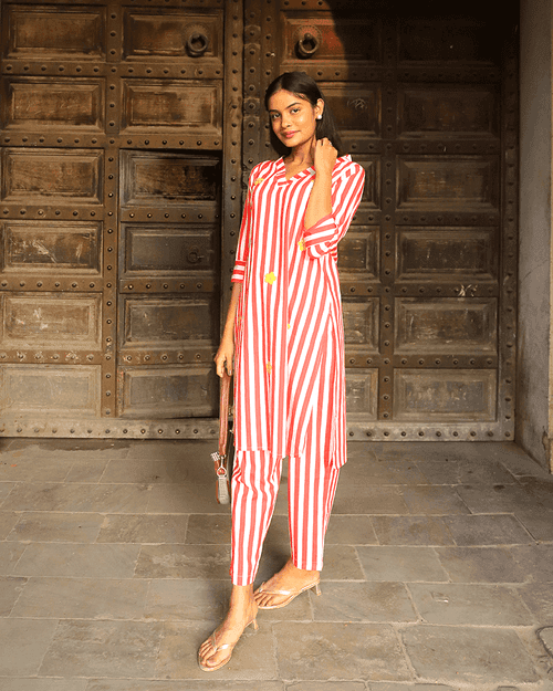 RED STRIPED CO-ORD SET WITH PATCHWORK