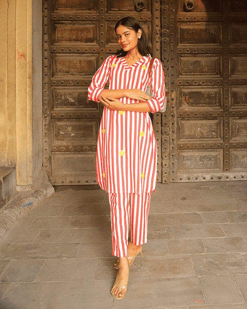 RED STRIPED CO-ORD SET WITH PATCHWORK