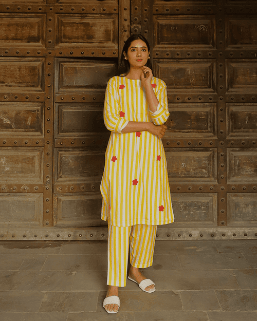 YELLOW STRIPED CO-ORD SET WITH PATCHWORK