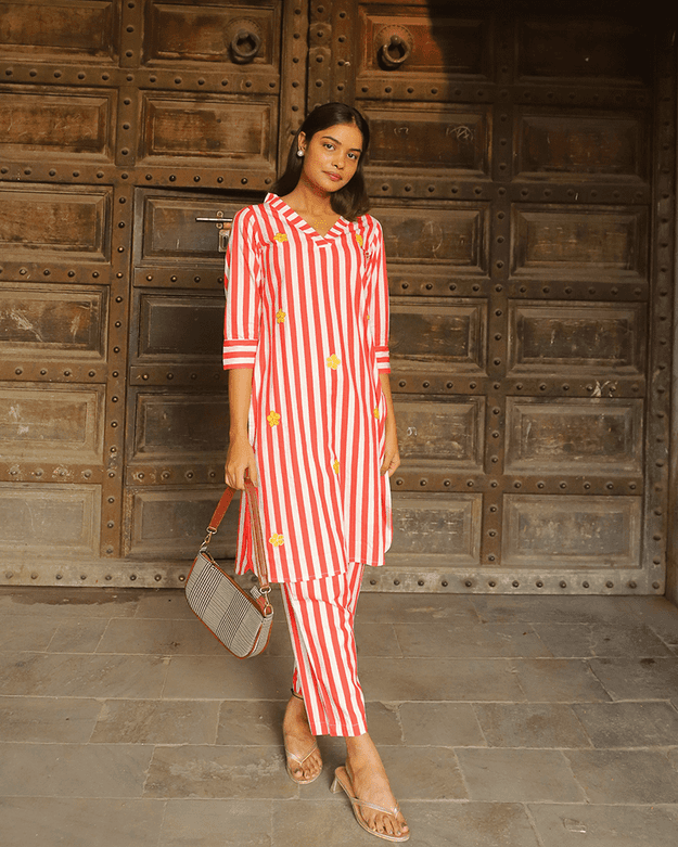 RED STRIPED CO-ORD SET WITH PATCHWORK