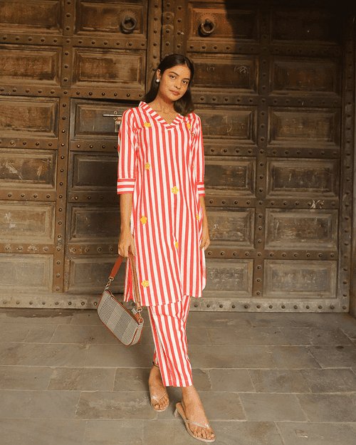 RED STRIPED CO-ORD SET WITH PATCHWORK