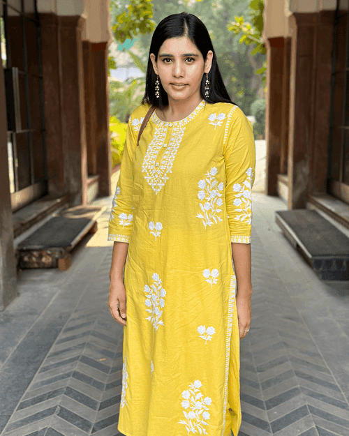 YELLOW COTTON KURTA SET WITH WHITE EMBROIDERY