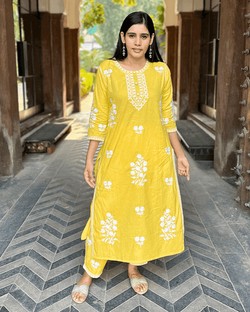 YELLOW COTTON KURTA SET WITH WHITE EMBROIDERY