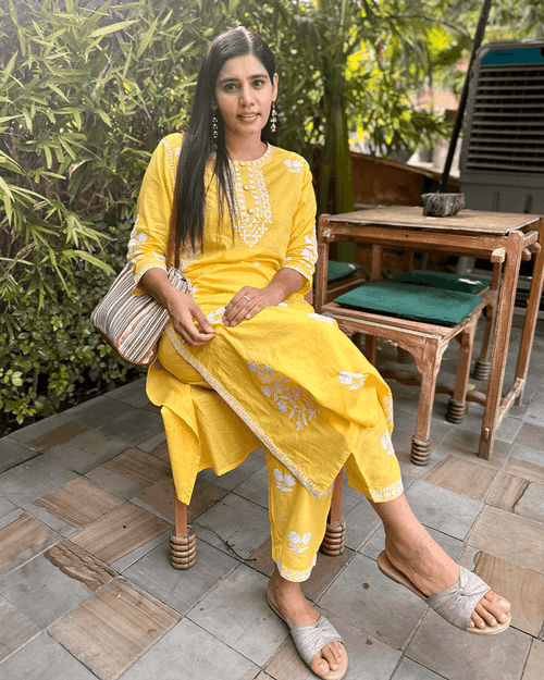 YELLOW COTTON KURTA SET WITH WHITE EMBROIDERY