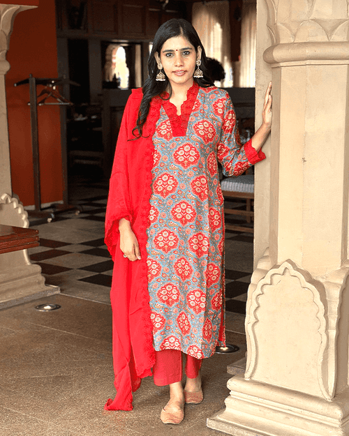 RED & TEAL PRINTED SUIT SET WITH LACE WORK