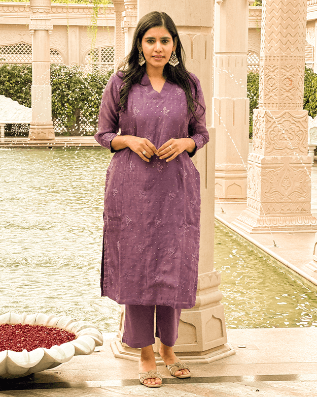 PLUM PURPLE MUL CHANDERI EMBROIDERED KURTA SET