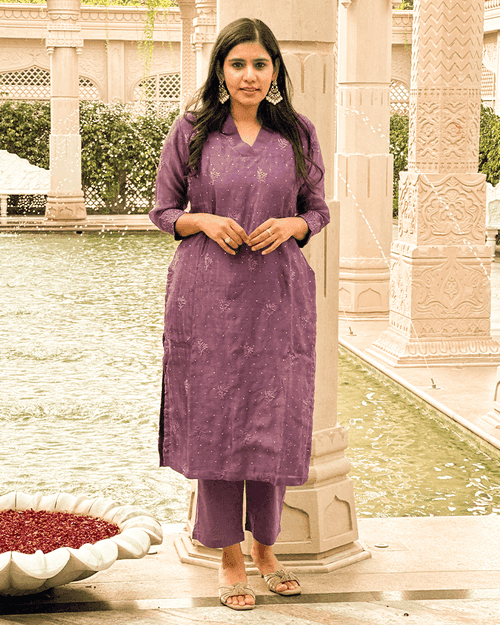 PLUM PURPLE MUL CHANDERI EMBROIDERED KURTA SET