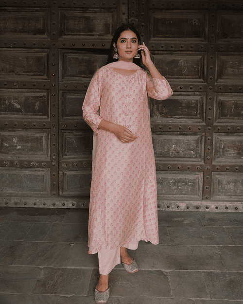 BLUSHING PINK COTTON SILK HANDBLOCK SUIT SET