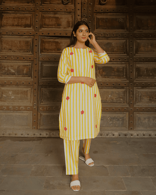 YELLOW STRIPED CO-ORD SET WITH PATCHWORK