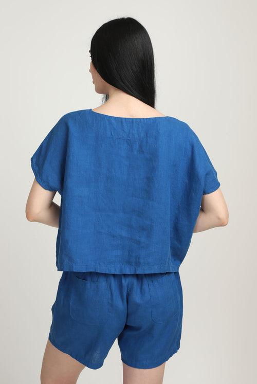 Crop Top Cap Sleeve Yoga Top Linen I Mukti Cobalt