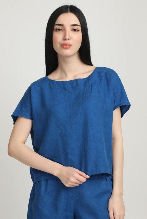 Crop Top Cap Sleeve Yoga Top Linen I Mukti Cobalt