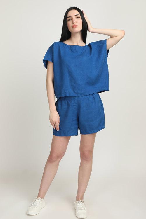 Crop Top Cap Sleeve Yoga Top Linen I Mukti Cobalt