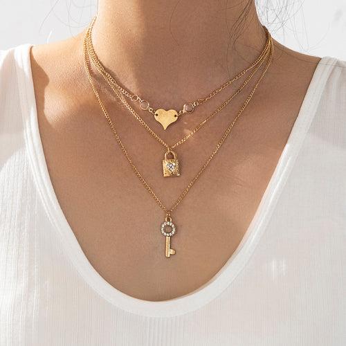 Heart Lock & Key Pendant Layered Necklace