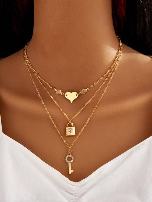 Heart Lock & Key Pendant Layered Necklace