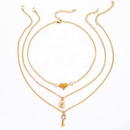 Heart Lock & Key Pendant Layered Necklace