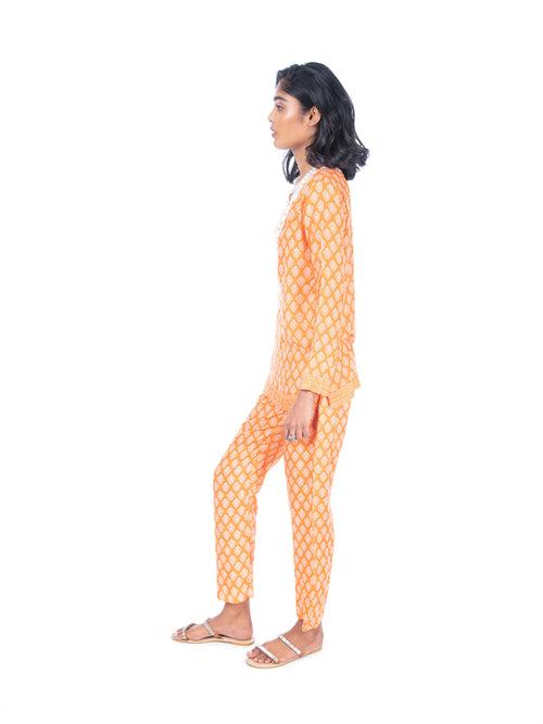 Orange Block Printed Kurti & Pant Set
