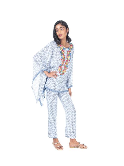 White & Blue Block Printed Kaftan Style Kurti & Pant Set