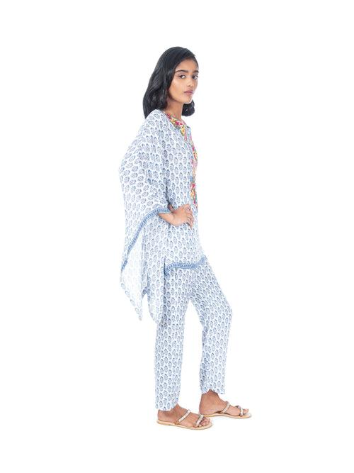 White & Blue Block Printed Kaftan Style Kurti & Pant Set