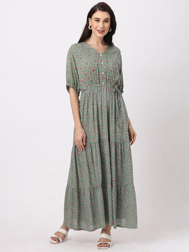 Fancy Green Floral Print Women’s Summer Maxi Dress