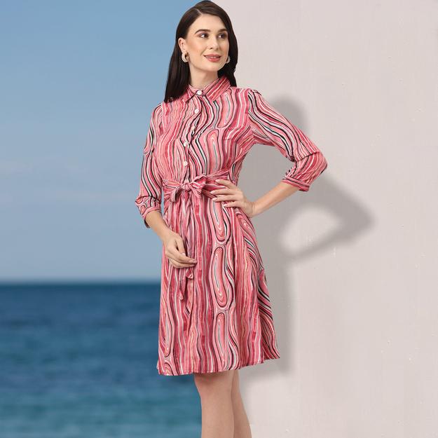 Vibrant and Stylish Red Abstract Printed Women’s Shirt Dress