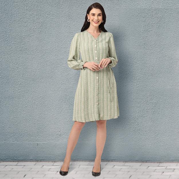 Stylish Green Knee Length Women’s Dress with Geometric Prints