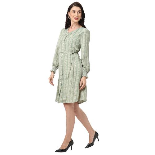 Stylish Green Knee Length Women’s Dress with Geometric Prints