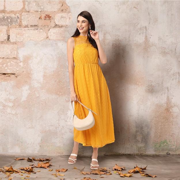 Stylish Mustard Lace Maxi Dress for Women