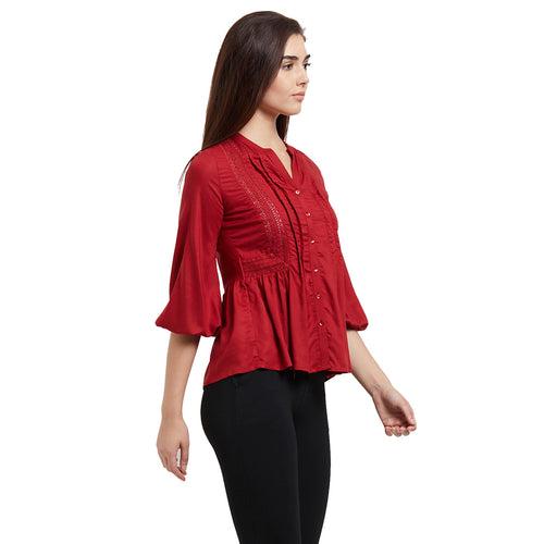 Red Mandarin neck side lace Top