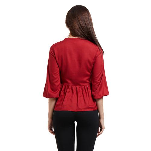 Red Mandarin neck side lace Top