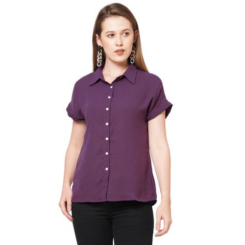 Purple Collar Neck Short Sleeves Top For Women
