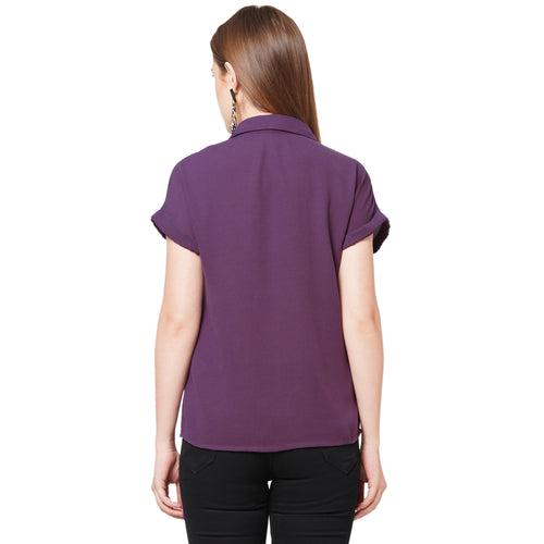 Purple Collar Neck Short Sleeves Top For Women
