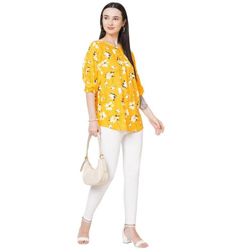 Yellow Floral Printed Top For Women