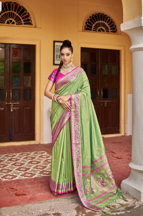 Green and Pink Color Soft Silk Weaving with contrast Blouse & Designer PalluSaree -Deepaali  Collection YF30037