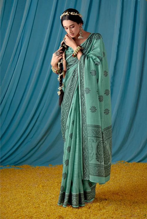 Blue Color Lucknowi Linen Saree -Deepaali  Collection YF30109
