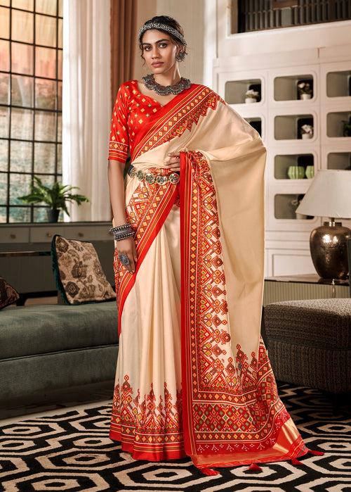 Cream and Red Color Tusser Patola Saree -Anantaa Collection YF30231