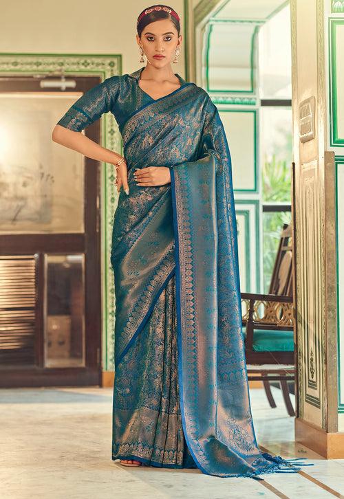 Blue Color Soft Handloom Weaving Silk With Copper Zari Pattu Silk Saree -Deepaali  Collection YF30001