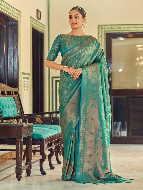 Firozi Color Soft Handloom Weaving Silk With Copper Zari Pattu Silk Saree -Deepaali  Collection YF30005