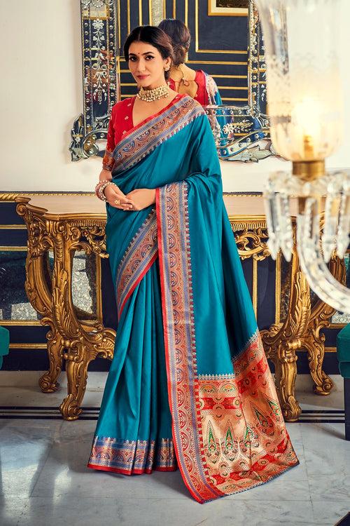 Blue Color Soft Banarasi Plain Silk with Paithani Concept Saree -Deepaali  Collection YF30056