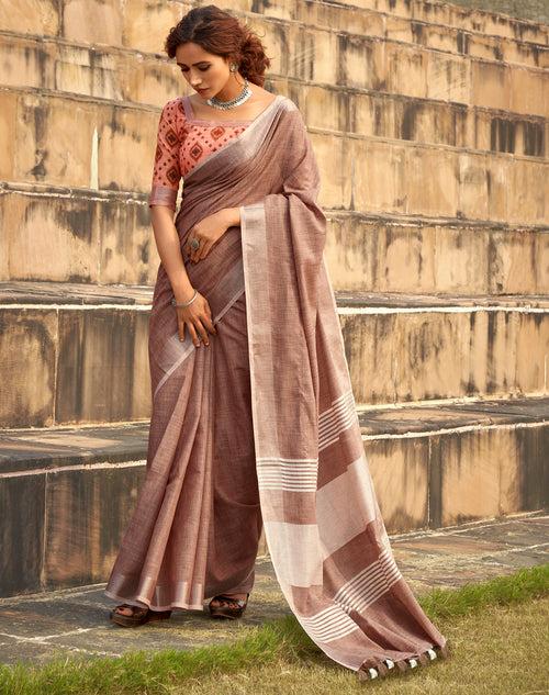 Pink Color Soft Linen With Khadi Print Saree -Deepaali  Collection YF30043