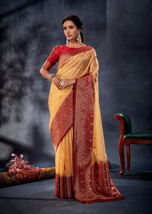 Cream and Red Color Banarasi Oraganza Saree -Anantaa Collection YF30184