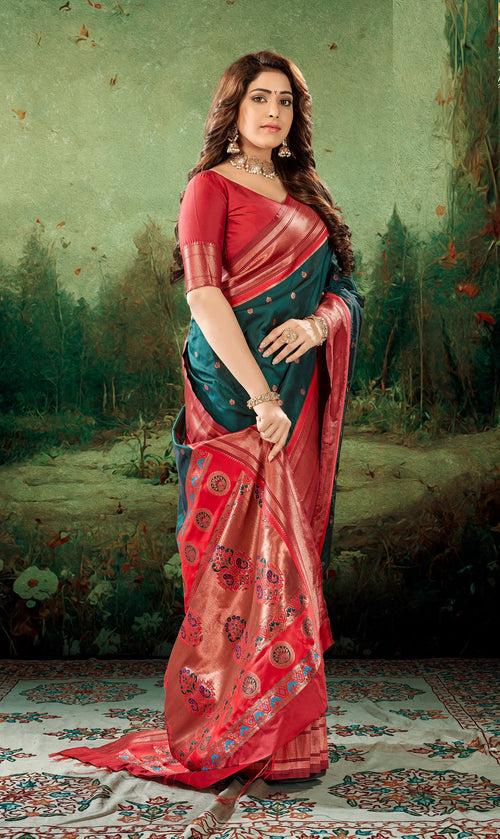 Bottle Green Color Peshwai Paithani Silk Saree -Anantaa Collection YF30172