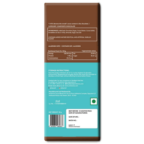 Dark Chocolate With Caramelized Almonds Sea Salt 45% | Vegan | Gluten Free