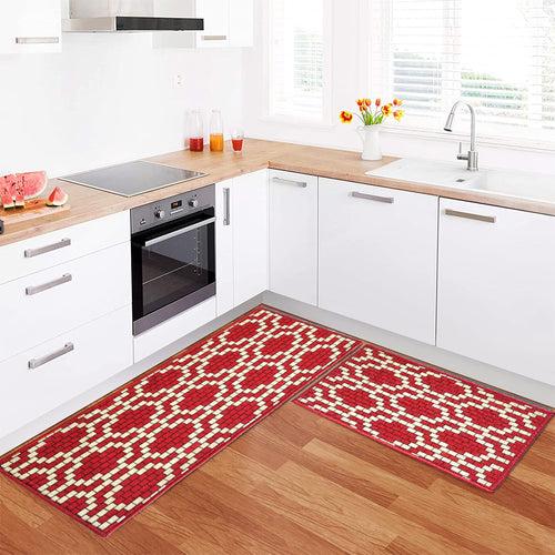 Pattern Brick Motif Floor Mats - Red and Beige