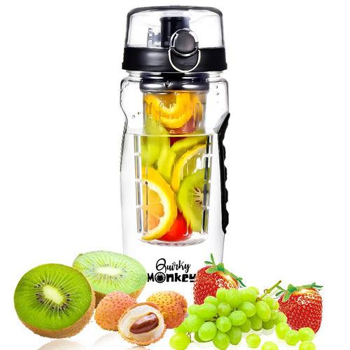 Quirky Monkey Fruit Infuser Black Water Bottle - 1 Litre, Cleaning Brush, Insulated Sleeve with Free 101 Infused Water Recipes