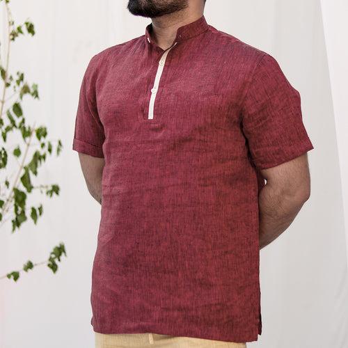 Wine Linen Half Sleeves Shirts