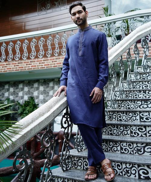 Egyptian Blue Linen Kurta Pyjama Set