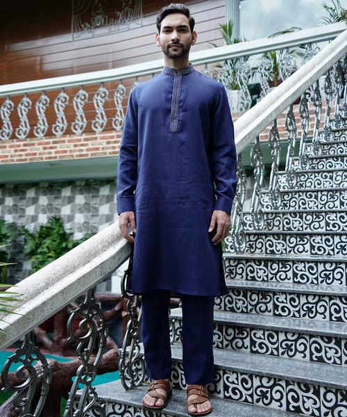 Egyptian Blue Linen Kurta Pyjama Set