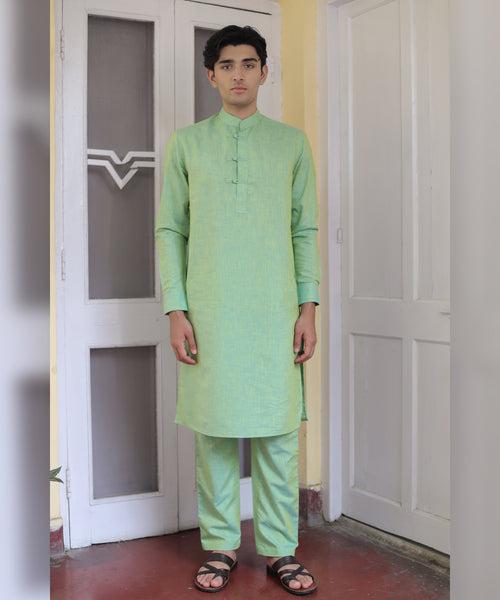 Emerald Elegance Linen Kurta Pyjama Set