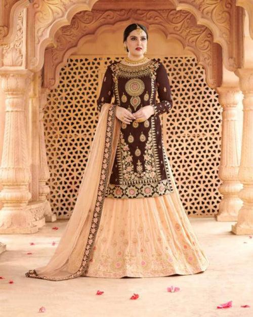 Brown and Orange Color Festive Wear Semi Stitched Punjabi Lehenga Style Suits